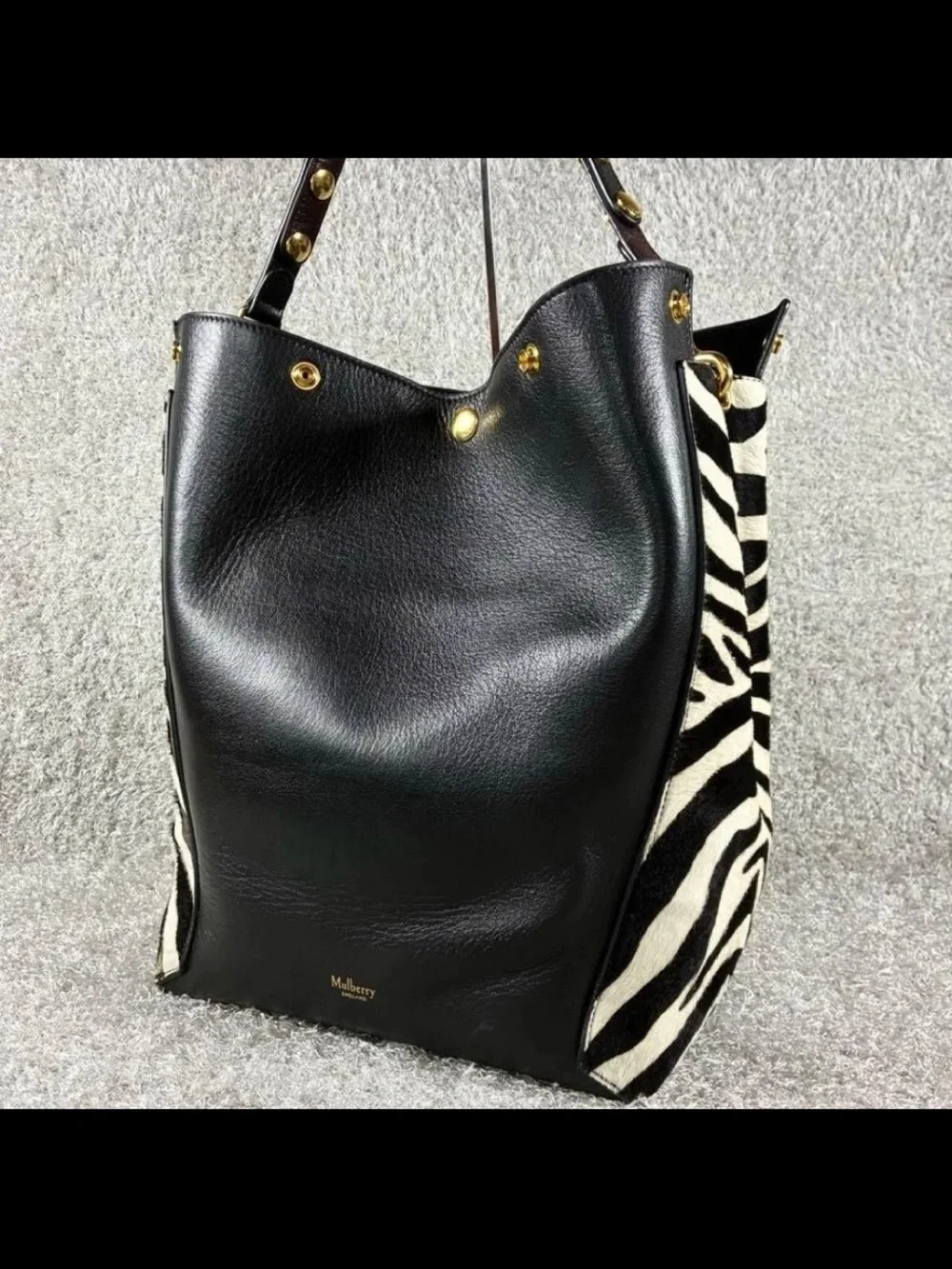 Mulberry Black Leather Shoulder Bag with Zebra-Print Panels